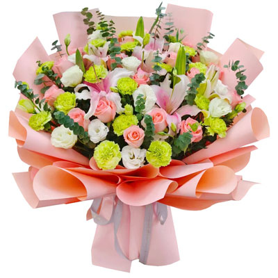 徐州16朵粉玫瑰百合康乃馨，宁静和温柔